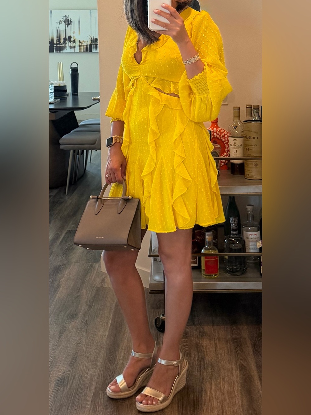 Alice + Olivia Yellow Smocked Ruffle Cut-Out Mini Dress Size 0